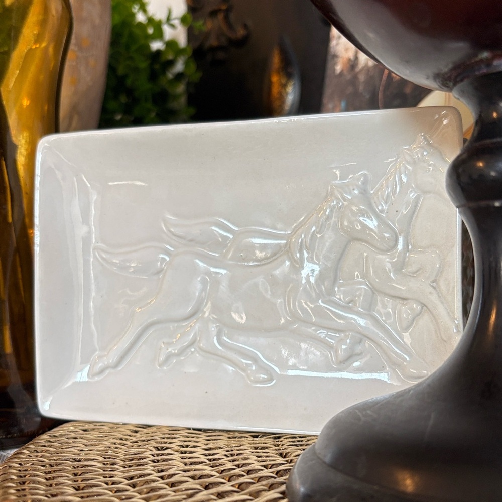 Vintage Cracker Barrel Horse Relief Ceramic Trinket Tray